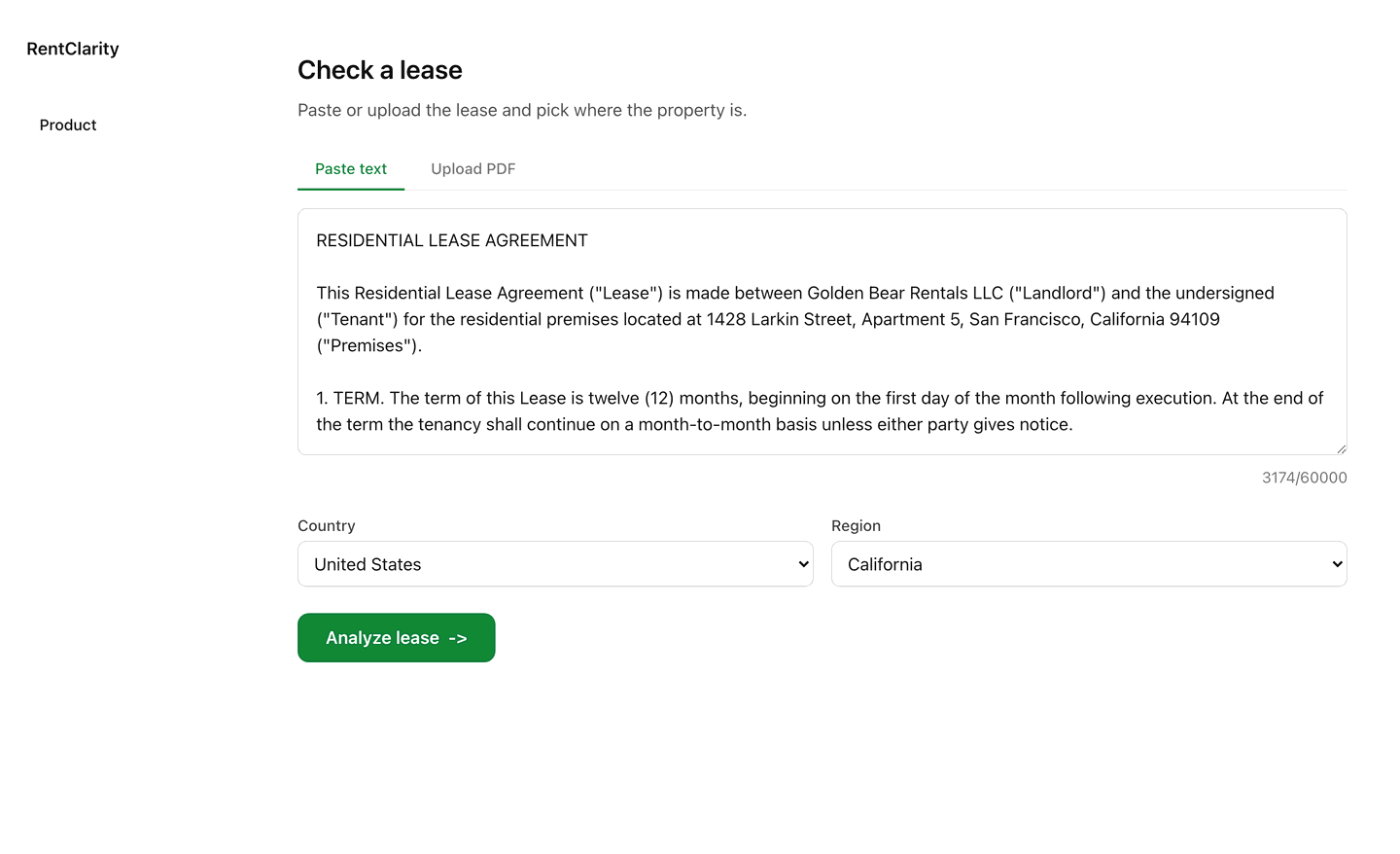The RentClarity intake: a pasted lease, country and region set to California, ready to analyze