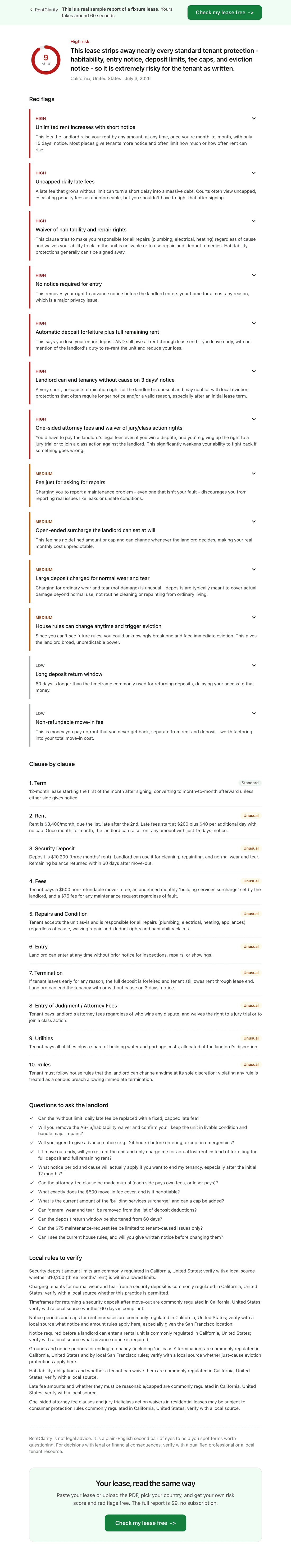 The full RentClarity sample report from top to bottom